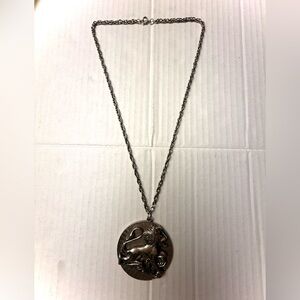 Vintage Edlee Leo Astrology Zodiac Rock Pendant Necklace Long 24” Silver Tone